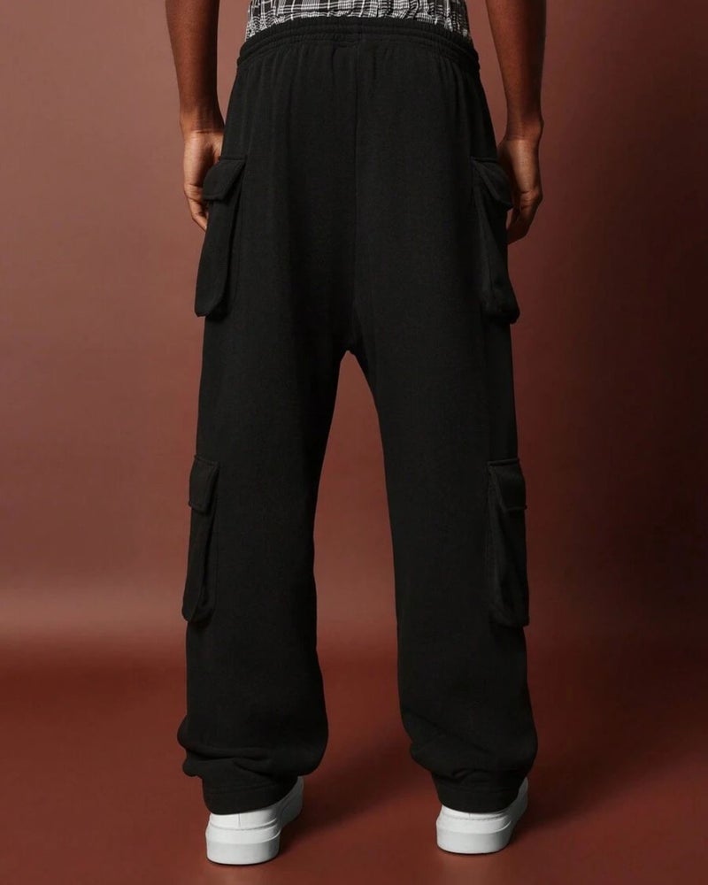 FLYNOFF Multi Pocket Black Solid Loose Fit Cargo - Image 2